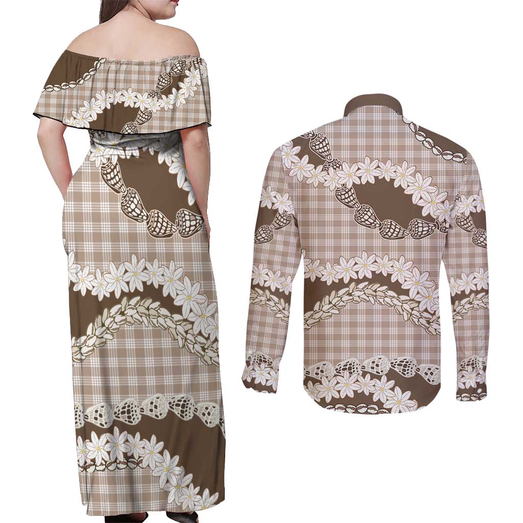 Brown Hawaii Tiare and Shell Lei Couples Matching Off Shoulder Maxi Dress and Long Sleeve Button Shirt Hawaiian Palaka Luxury Vibes - Polynesian Pride
