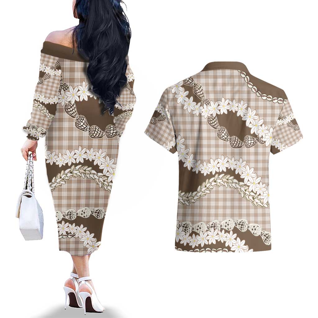 Brown Hawaii Tiare and Shell Lei Couples Matching Off The Shoulder Long Sleeve Dress and Hawaiian Shirt Hawaiian Palaka Luxury Vibes - Polynesian Pride