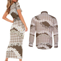 Brown Hawaii Tiare and Shell Lei Couples Matching Short Sleeve Bodycon Dress and Long Sleeve Button Shirt Hawaiian Palaka Luxury Vibes - Polynesian Pride