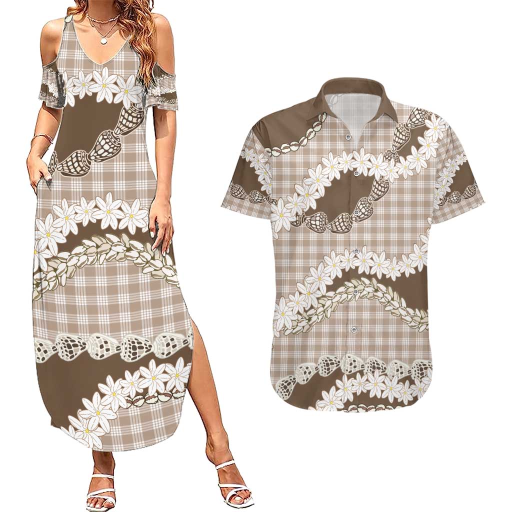 Brown Hawaii Tiare and Shell Lei Couples Matching Summer Maxi Dress and Hawaiian Shirt Hawaiian Palaka Luxury Vibes - Polynesian Pride