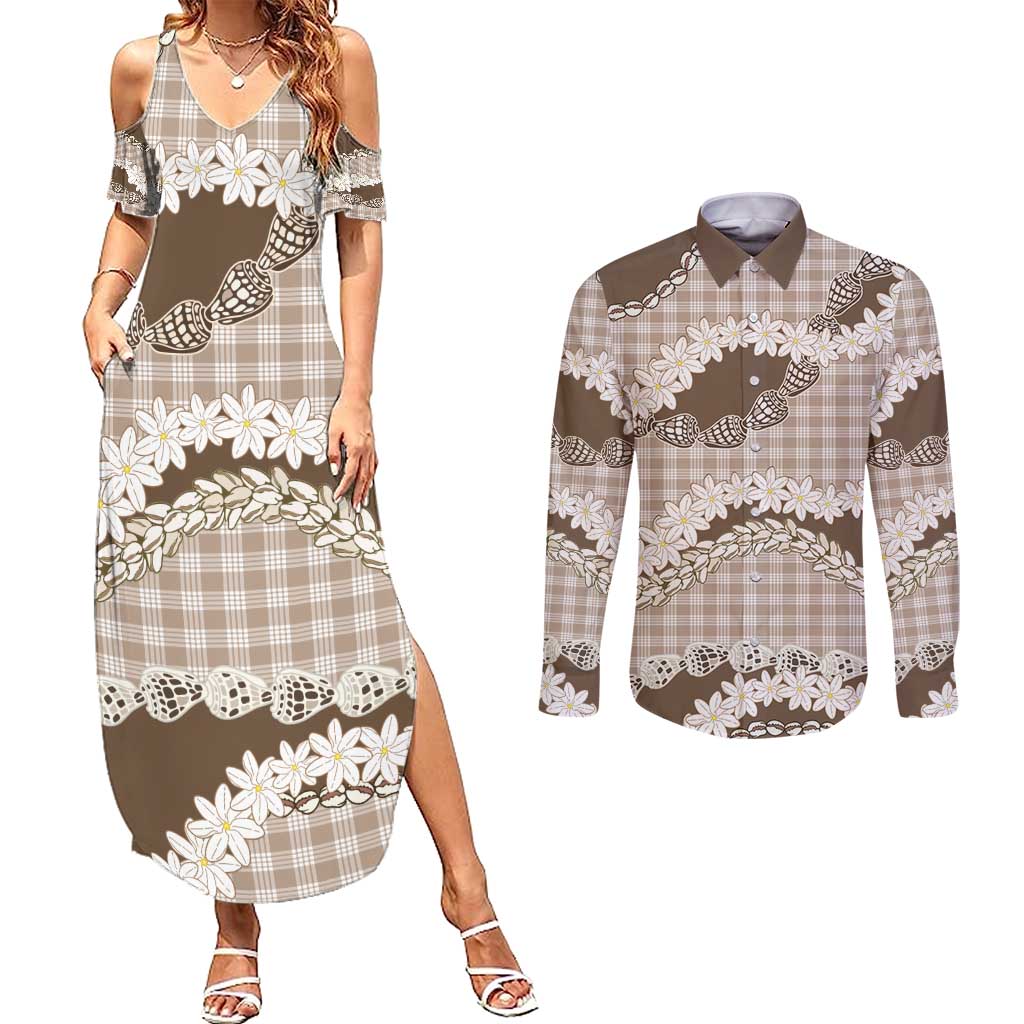 Brown Hawaii Tiare and Shell Lei Couples Matching Summer Maxi Dress and Long Sleeve Button Shirt Hawaiian Palaka Luxury Vibes - Polynesian Pride