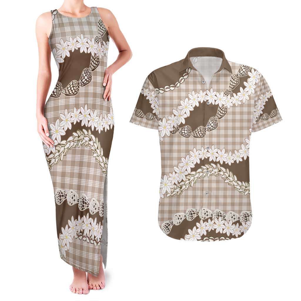 Brown Hawaii Tiare and Shell Lei Couples Matching Tank Maxi Dress and Hawaiian Shirt Hawaiian Palaka Luxury Vibes - Polynesian Pride