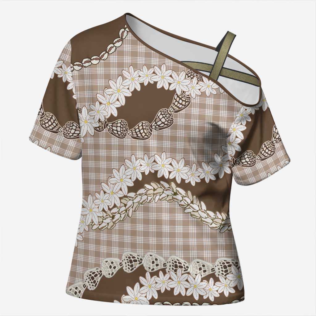 Brown Hawaii Tiare and Shell Lei Cross Shoulder Shirt Hawaiian Palaka Luxury Vibes LT14 Female Brown - Polynesian Pride