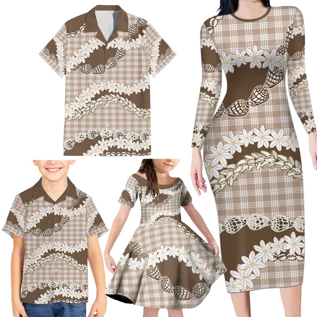 Brown Hawaii Tiare and Shell Lei Family Matching Long Sleeve Bodycon Dress and Hawaiian Shirt Hawaiian Palaka Luxury Vibes - Polynesian Pride