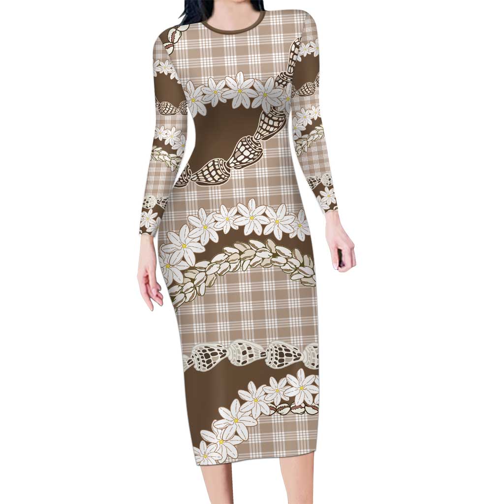 Brown Hawaii Tiare and Shell Lei Family Matching Long Sleeve Bodycon Dress and Hawaiian Shirt Hawaiian Palaka Luxury Vibes - Polynesian Pride