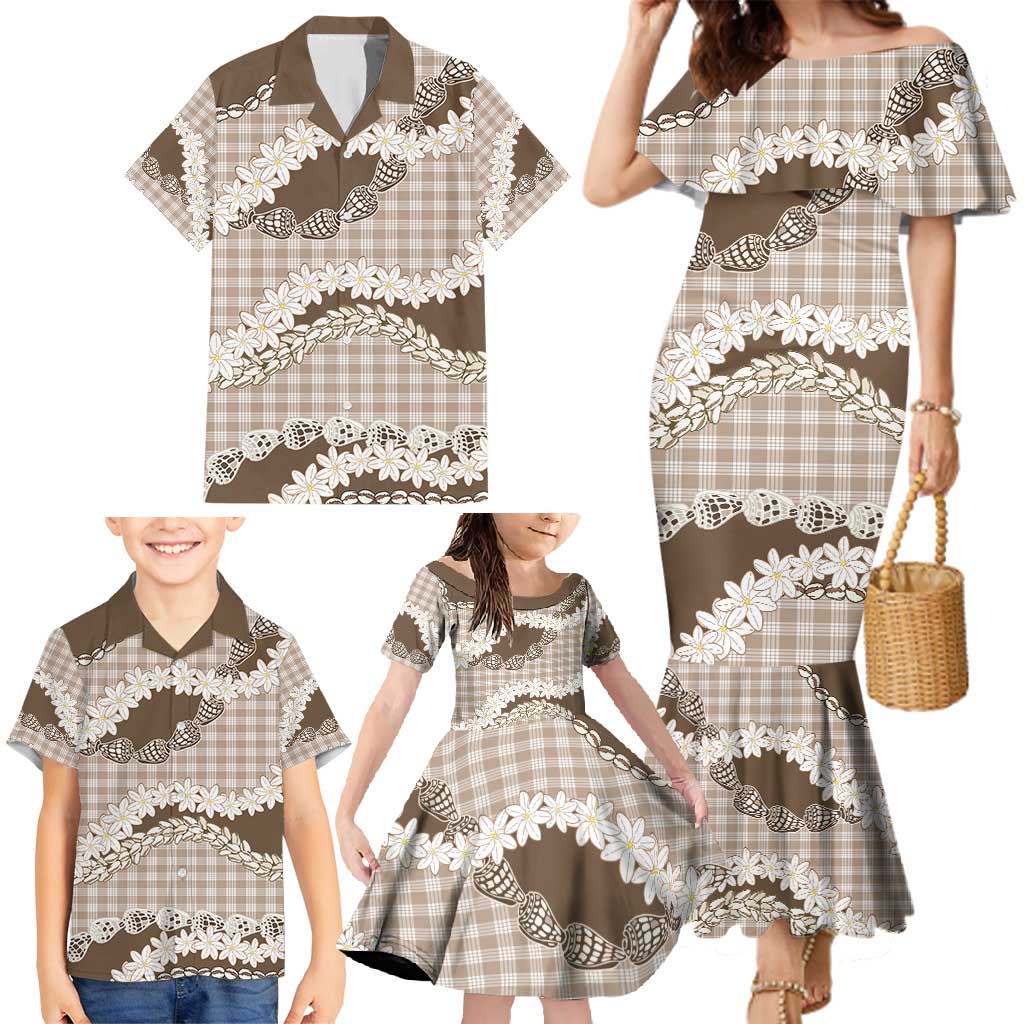 Brown Hawaii Tiare and Shell Lei Family Matching Mermaid Dress and Hawaiian Shirt Hawaiian Palaka Luxury Vibes - Polynesian Pride