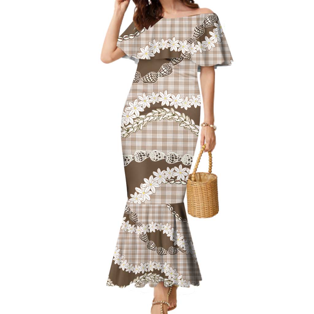 Brown Hawaii Tiare and Shell Lei Family Matching Mermaid Dress and Hawaiian Shirt Hawaiian Palaka Luxury Vibes - Polynesian Pride
