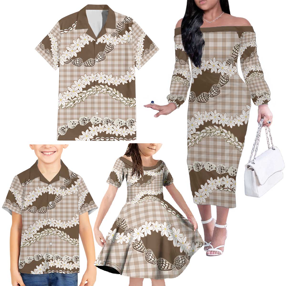 Brown Hawaii Tiare and Shell Lei Family Matching Off The Shoulder Long Sleeve Dress and Hawaiian Shirt Hawaiian Palaka Luxury Vibes - Polynesian Pride