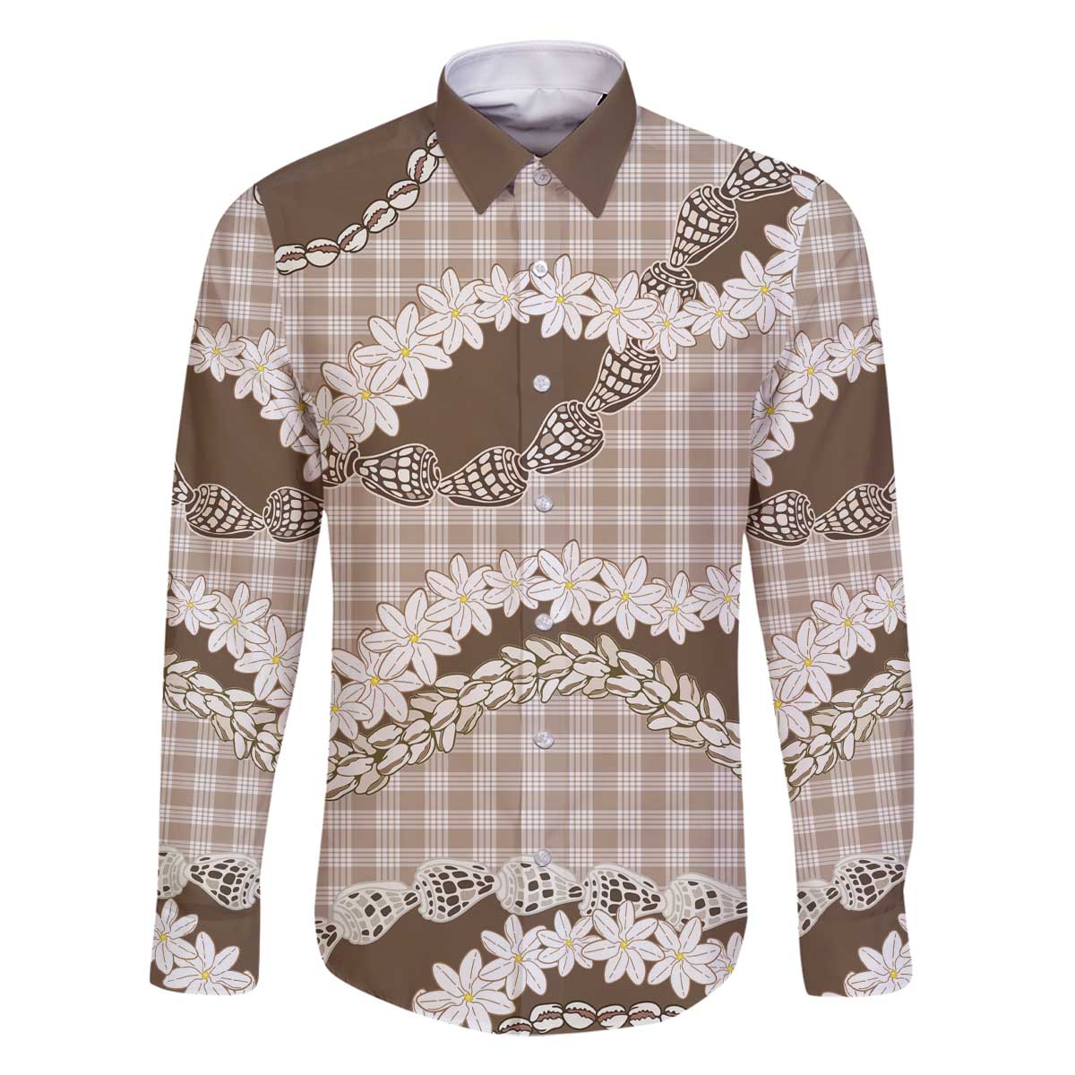 Brown Hawaii Tiare and Shell Lei Family Matching Off The Shoulder Long Sleeve Dress and Hawaiian Shirt Hawaiian Palaka Luxury Vibes - Polynesian Pride