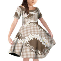 Brown Hawaii Tiare and Shell Lei Family Matching Off Shoulder Short Dress and Hawaiian Shirt Hawaiian Palaka Luxury Vibes - Polynesian Pride