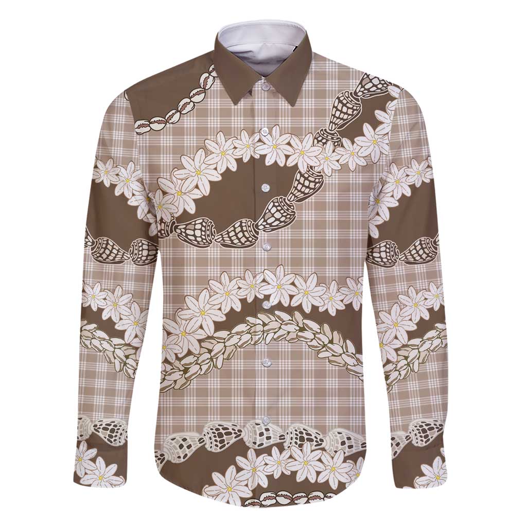 Brown Hawaii Tiare and Shell Lei Family Matching Off Shoulder Short Dress and Hawaiian Shirt Hawaiian Palaka Luxury Vibes - Polynesian Pride