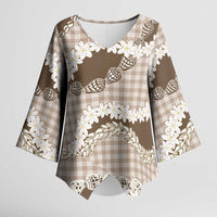 Brown Hawaii Tiare and Shell Lei Kimono Sleeve Blouse Hawaiian Palaka Luxury Vibes - Polynesian Pride