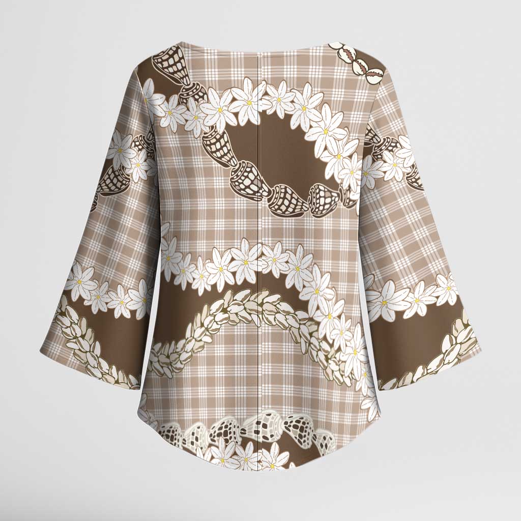 Brown Hawaii Tiare and Shell Lei Kimono Sleeve Blouse Hawaiian Palaka Luxury Vibes - Polynesian Pride