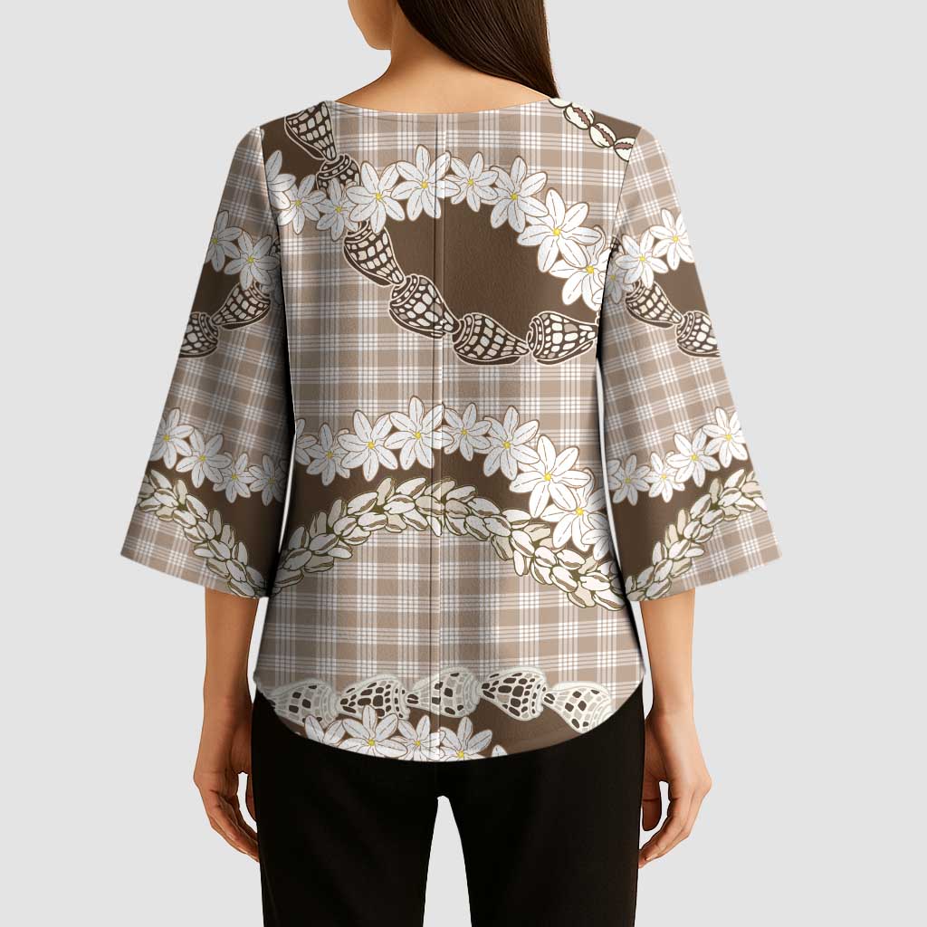 Brown Hawaii Tiare and Shell Lei Kimono Sleeve Blouse Hawaiian Palaka Luxury Vibes - Polynesian Pride