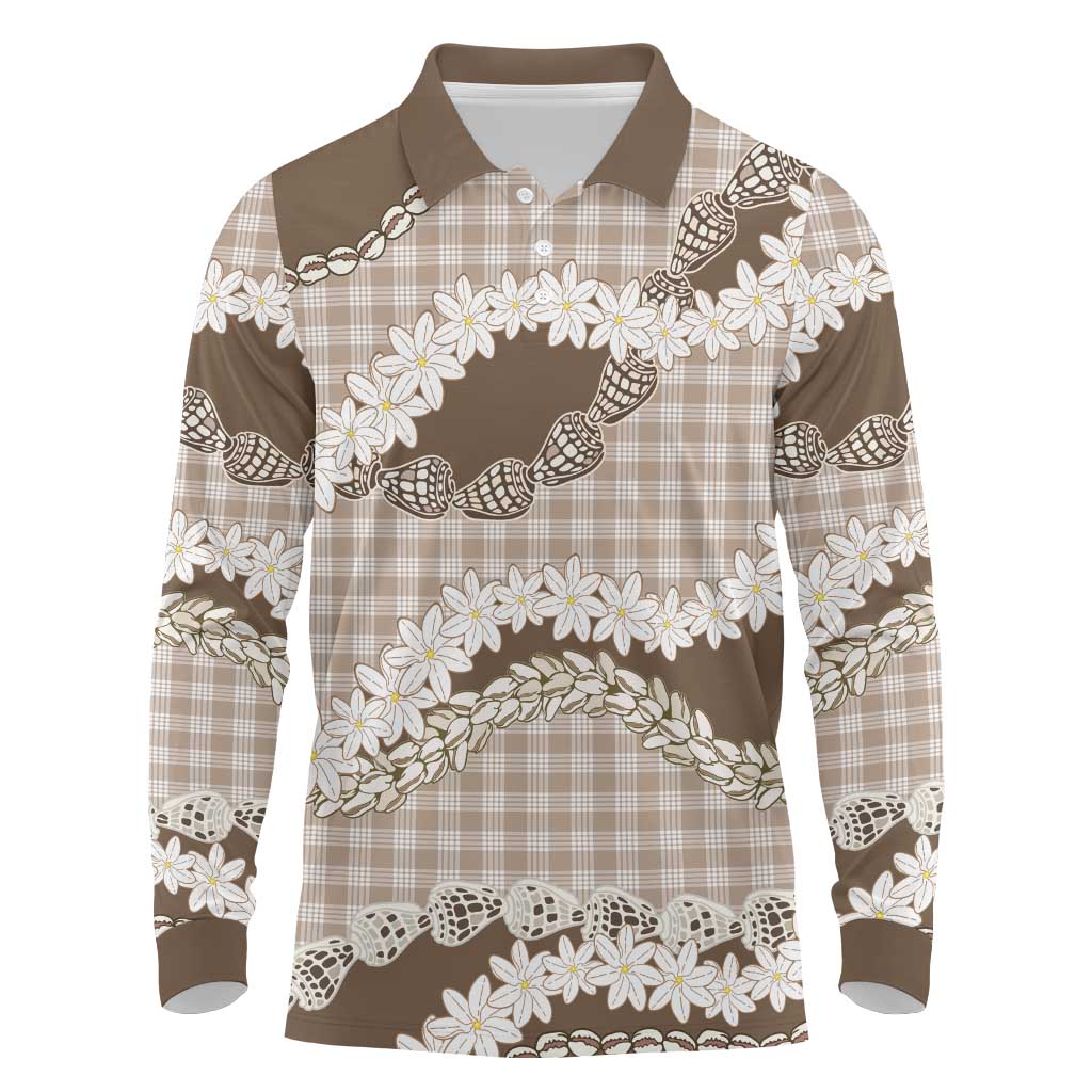 Brown Hawaii Tiare and Shell Lei Long Sleeve Polo Shirt Hawaiian Palaka Luxury Vibes - Polynesian Pride
