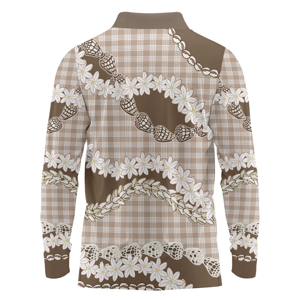 Brown Hawaii Tiare and Shell Lei Long Sleeve Polo Shirt Hawaiian Palaka Luxury Vibes - Polynesian Pride