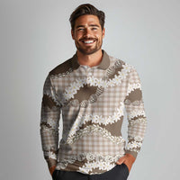 Brown Hawaii Tiare and Shell Lei Long Sleeve Polo Shirt Hawaiian Palaka Luxury Vibes - Polynesian Pride
