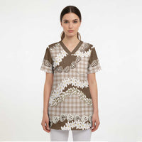 Brown Hawaii Tiare and Shell Lei Scrub Top Hawaiian Palaka Luxury Vibes - Polynesian Pride