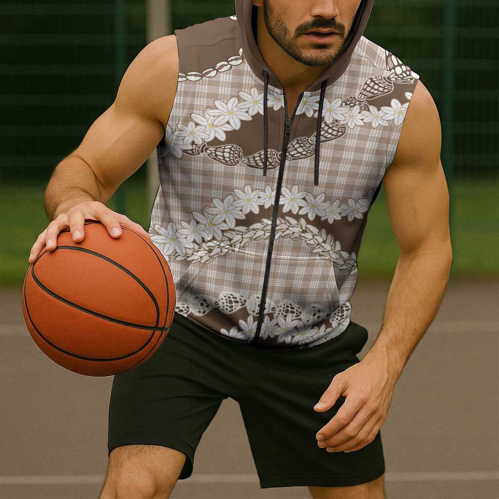 Brown Hawaii Tiare and Shell Lei Sleeveless Zip Hoodie Hawaiian Palaka Luxury Vibes - Polynesian Pride