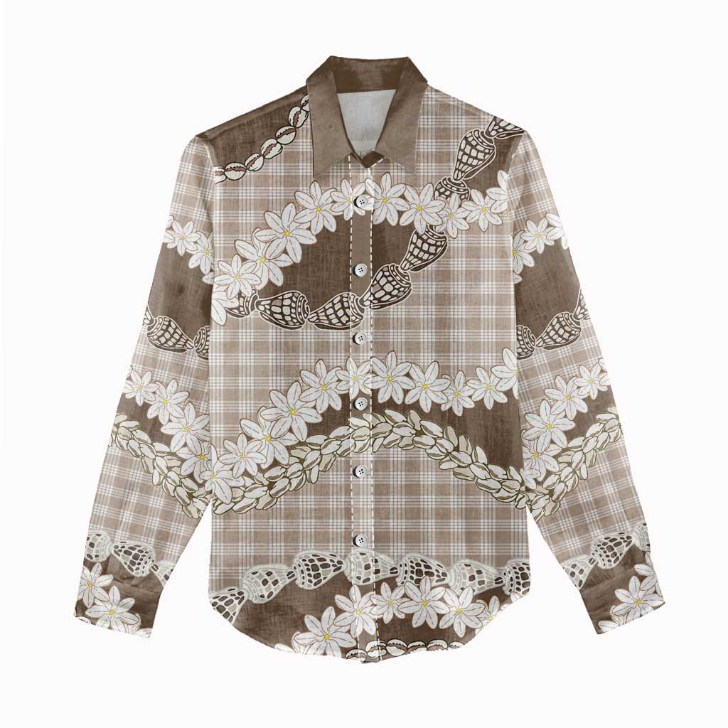 Brown Hawaii Tiare and Shell Lei Women Casual Shirt Hawaiian Palaka Luxury Vibes - Polynesian Pride