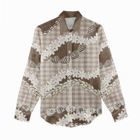 Brown Hawaii Tiare and Shell Lei Women Casual Shirt Hawaiian Palaka Luxury Vibes - Polynesian Pride