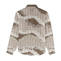 Brown Hawaii Tiare and Shell Lei Women Casual Shirt Hawaiian Palaka Luxury Vibes - Polynesian Pride