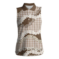 Brown Hawaii Tiare and Shell Lei Women Sleeveless Polo Shirt Hawaiian Palaka Luxury Vibes - Polynesian Pride