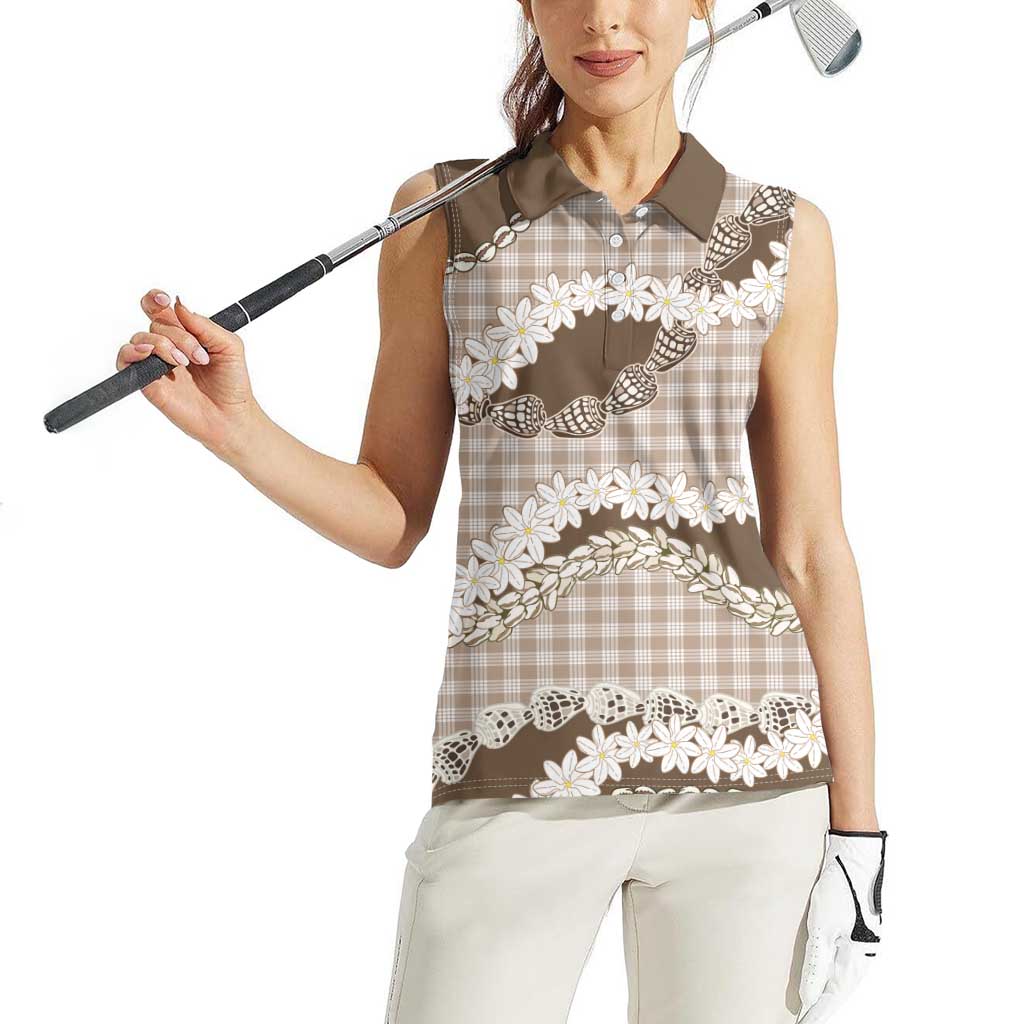 Brown Hawaii Tiare and Shell Lei Women Sleeveless Polo Shirt Hawaiian Palaka Luxury Vibes - Polynesian Pride