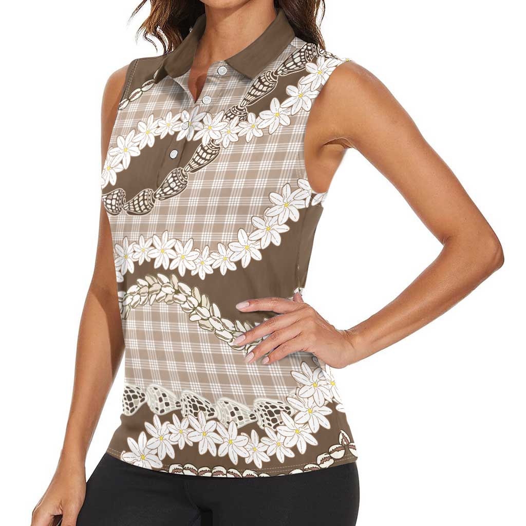 Brown Hawaii Tiare and Shell Lei Women Sleeveless Polo Shirt Hawaiian Palaka Luxury Vibes - Polynesian Pride