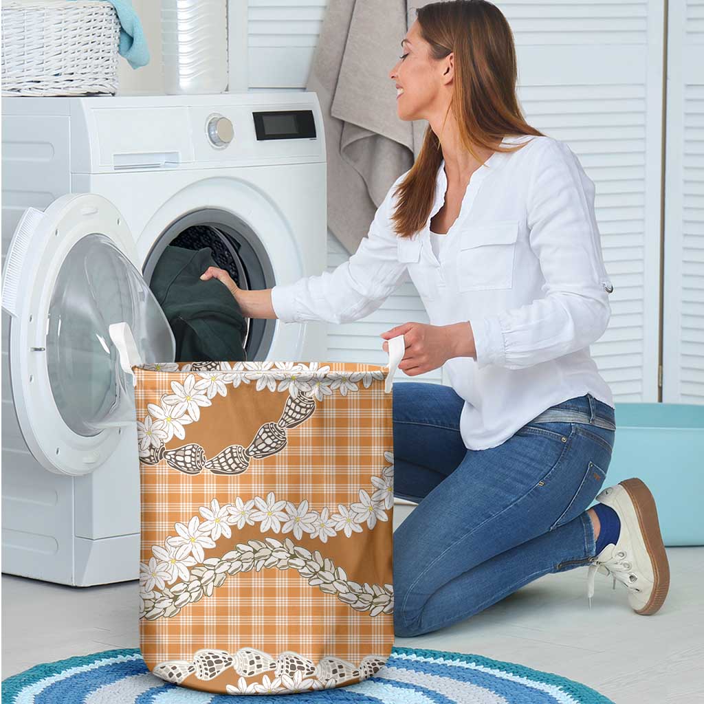 Orange Hawaii Tiare and Shell Lei Laundry Basket Hawaiian Palaka Luxury Vibes - Polynesian Pride