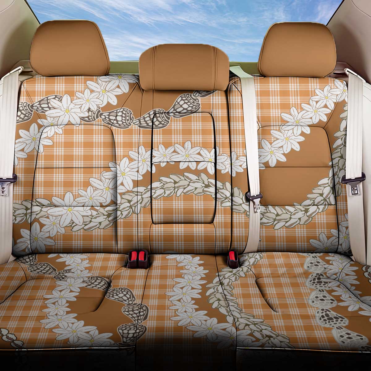 Orange Hawaii Tiare and Shell Lei Back Car Seat Cover Hawaiian Palaka Luxury Vibes - Polynesian Pride