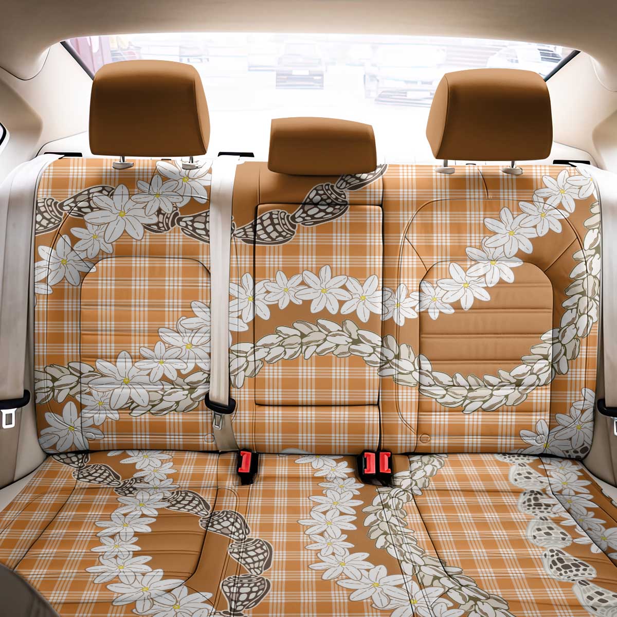 Orange Hawaii Tiare and Shell Lei Back Car Seat Cover Hawaiian Palaka Luxury Vibes - Polynesian Pride