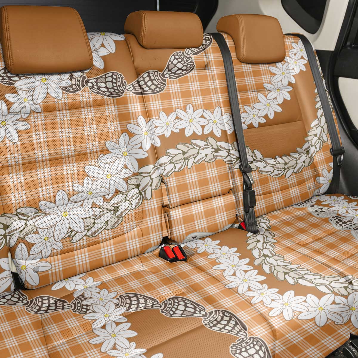 Orange Hawaii Tiare and Shell Lei Back Car Seat Cover Hawaiian Palaka Luxury Vibes - Polynesian Pride