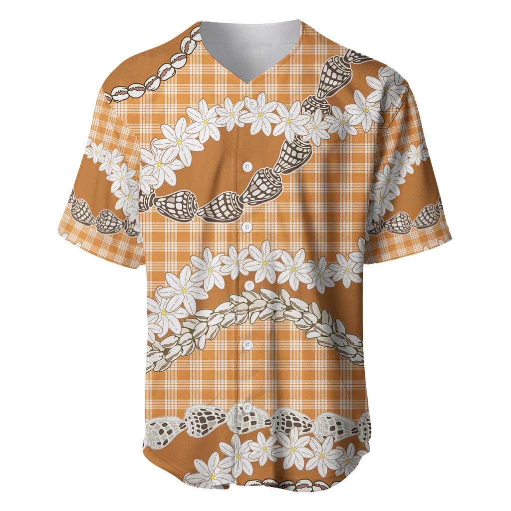 Orange Hawaii Tiare and Shell Lei Baseball Jersey Hawaiian Palaka Luxury Vibes - Polynesian Pride