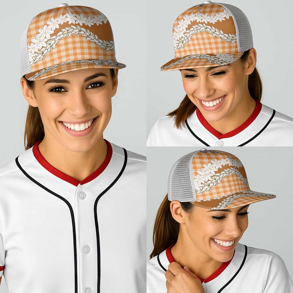 Orange Hawaii Tiare and Shell Lei Baseball Net Cap Hawaiian Palaka Luxury Vibes - Polynesian Pride