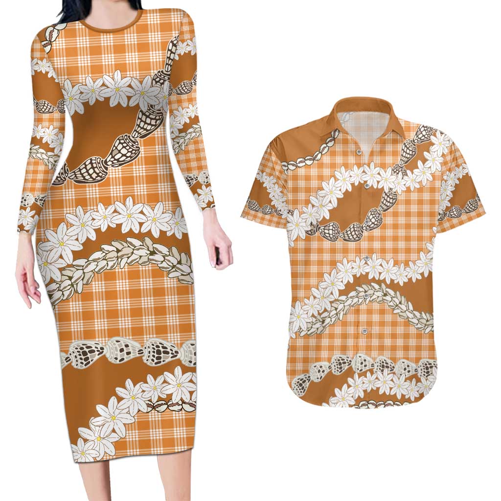 Orange Hawaii Tiare and Shell Lei Couples Matching Long Sleeve Bodycon Dress and Hawaiian Shirt Hawaiian Palaka Luxury Vibes - Polynesian Pride
