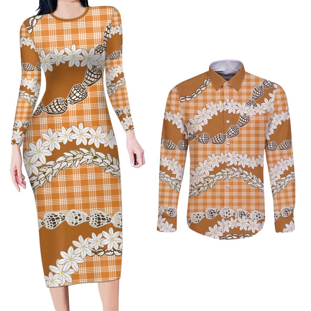 Orange Hawaii Tiare and Shell Lei Couples Matching Long Sleeve Bodycon Dress and Long Sleeve Button Shirt Hawaiian Palaka Luxury Vibes - Polynesian Pride