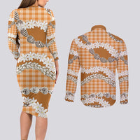Orange Hawaii Tiare and Shell Lei Couples Matching Long Sleeve Bodycon Dress and Long Sleeve Button Shirt Hawaiian Palaka Luxury Vibes - Polynesian Pride