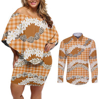 Orange Hawaii Tiare and Shell Lei Couples Matching Off Shoulder Short Dress and Long Sleeve Button Shirt Hawaiian Palaka Luxury Vibes - Polynesian Pride