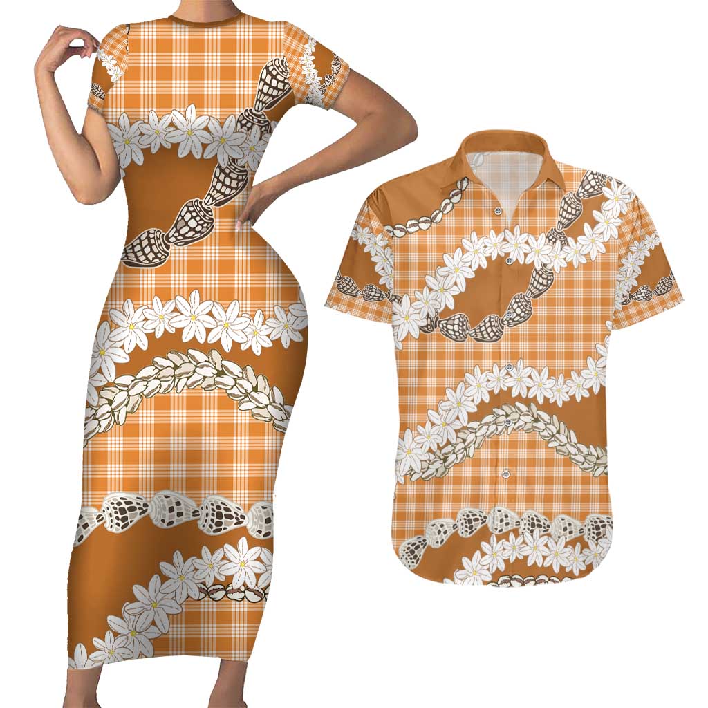 Orange Hawaii Tiare and Shell Lei Couples Matching Short Sleeve Bodycon Dress and Hawaiian Shirt Hawaiian Palaka Luxury Vibes - Polynesian Pride