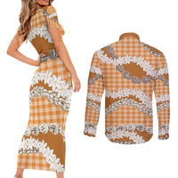 Orange Hawaii Tiare and Shell Lei Couples Matching Short Sleeve Bodycon Dress and Long Sleeve Button Shirt Hawaiian Palaka Luxury Vibes - Polynesian Pride