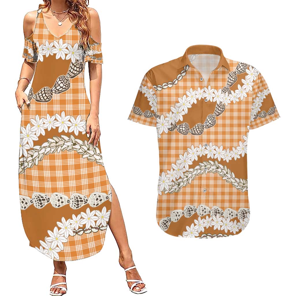 Orange Hawaii Tiare and Shell Lei Couples Matching Summer Maxi Dress and Hawaiian Shirt Hawaiian Palaka Luxury Vibes - Polynesian Pride