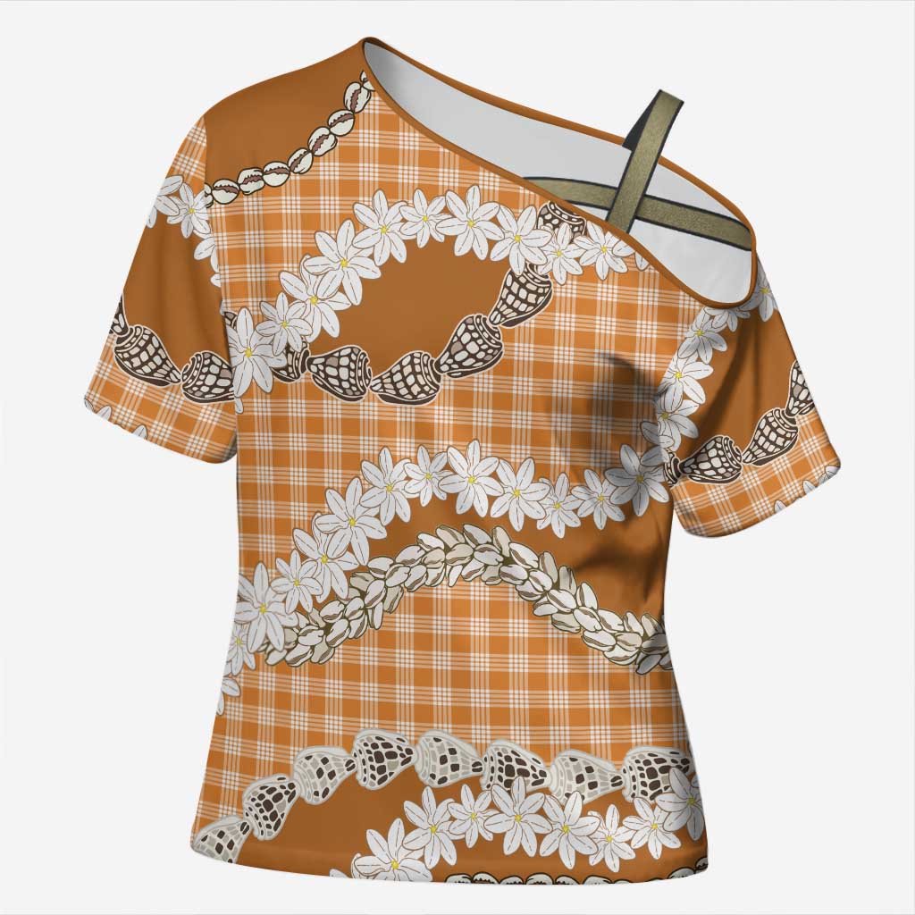 Orange Hawaii Tiare and Shell Lei Cross Shoulder Shirt Hawaiian Palaka Luxury Vibes LT14 Female Orange - Polynesian Pride