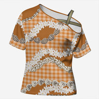 Orange Hawaii Tiare and Shell Lei Cross Shoulder Shirt Hawaiian Palaka Luxury Vibes LT14 Female Orange - Polynesian Pride