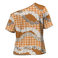 Orange Hawaii Tiare and Shell Lei Cross Shoulder Shirt Hawaiian Palaka Luxury Vibes LT14 - Polynesian Pride