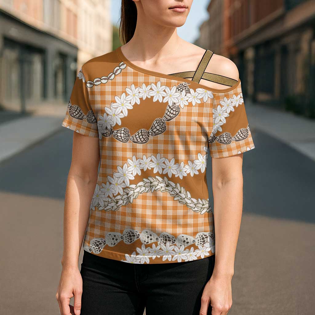 Orange Hawaii Tiare and Shell Lei Cross Shoulder Shirt Hawaiian Palaka Luxury Vibes LT14 - Polynesian Pride