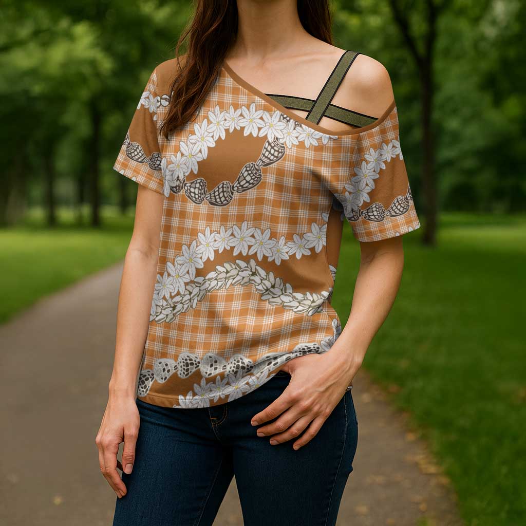 Orange Hawaii Tiare and Shell Lei Cross Shoulder Shirt Hawaiian Palaka Luxury Vibes LT14 - Polynesian Pride