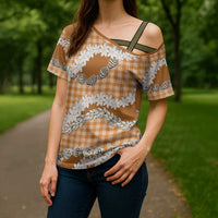 Orange Hawaii Tiare and Shell Lei Cross Shoulder Shirt Hawaiian Palaka Luxury Vibes LT14 - Polynesian Pride