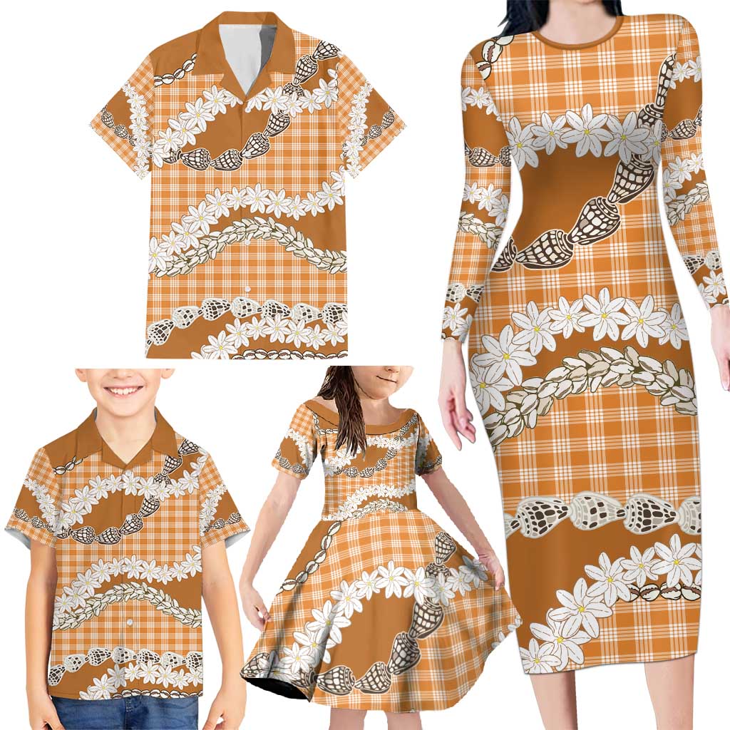 Orange Hawaii Tiare and Shell Lei Family Matching Long Sleeve Bodycon Dress and Hawaiian Shirt Hawaiian Palaka Luxury Vibes - Polynesian Pride