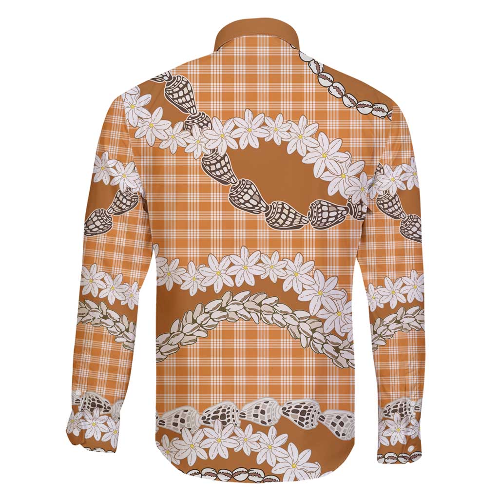 Orange Hawaii Tiare and Shell Lei Family Matching Long Sleeve Bodycon Dress and Hawaiian Shirt Hawaiian Palaka Luxury Vibes - Polynesian Pride